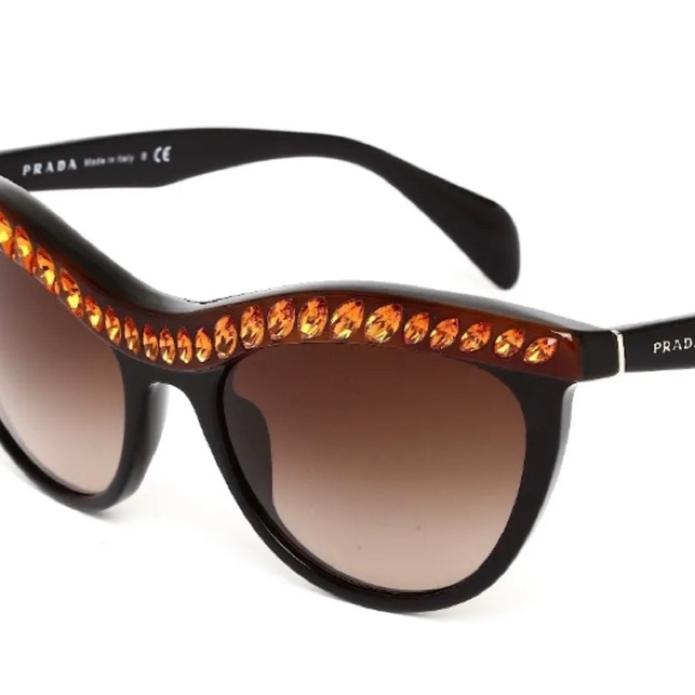 Prada Crystal SPR04P Women's Black Gradient Brown Cats Eye 54mm Sunglasses S2627